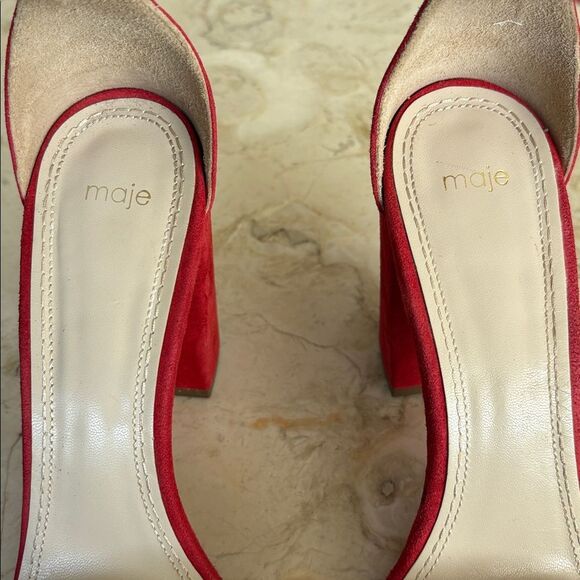 Maje Faria Red Suede Studded Chunky Heel Ankle Strap Sandals - Picture 9 of 14